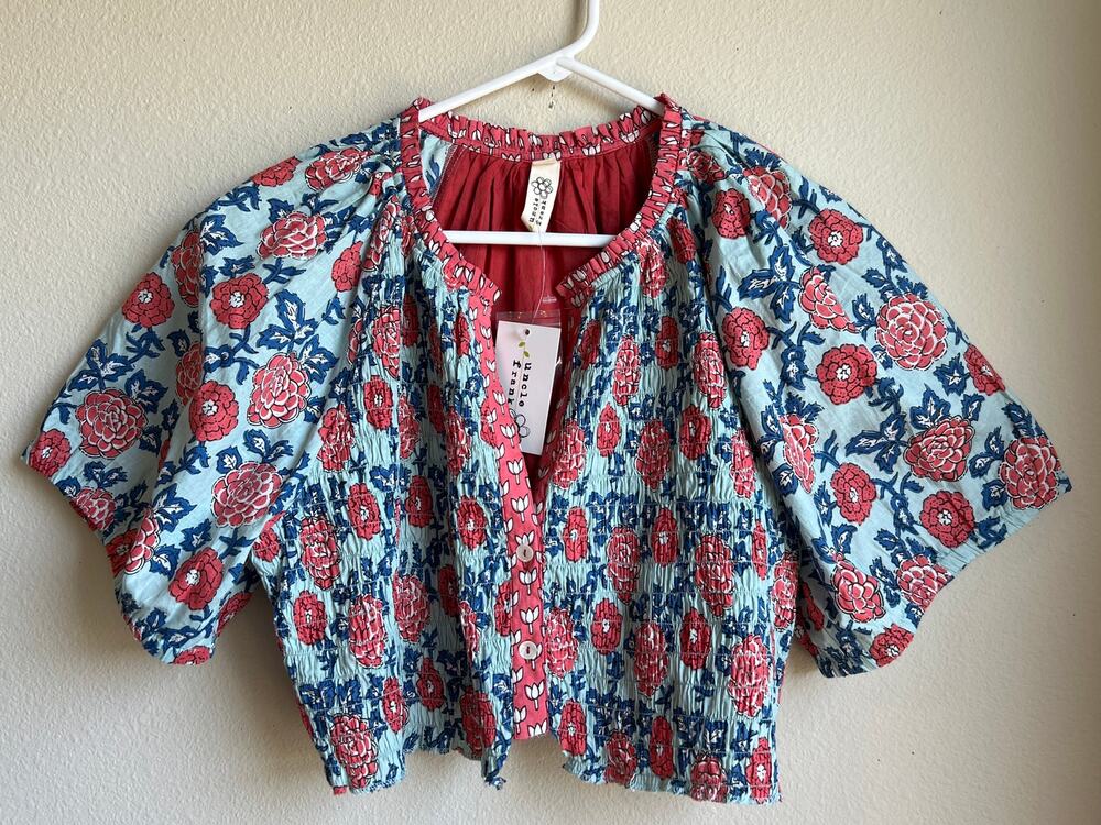 NWT Uncle Frank Floral Block Print Smocked Cropped Button Up Top Blouse XL